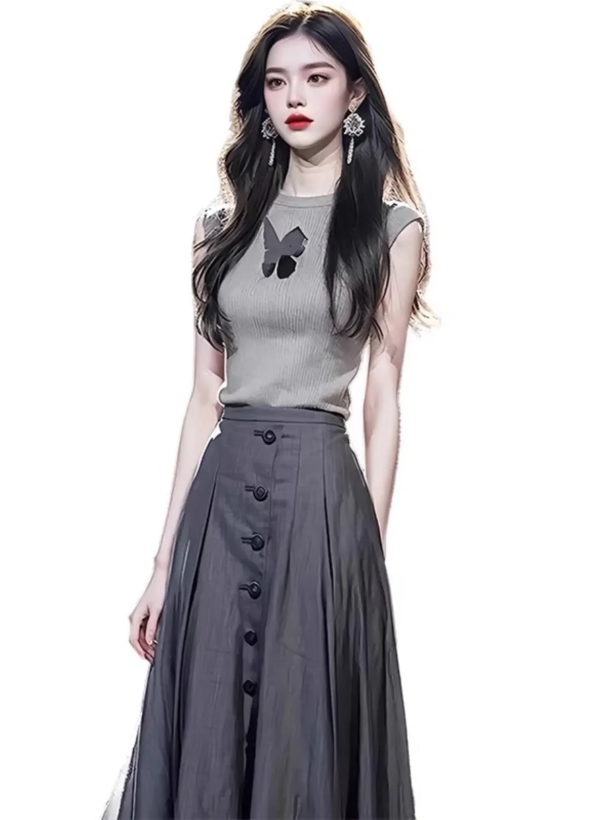 Корейская серия вязаная футболка без рукавов с круглым вырезом из вискозы