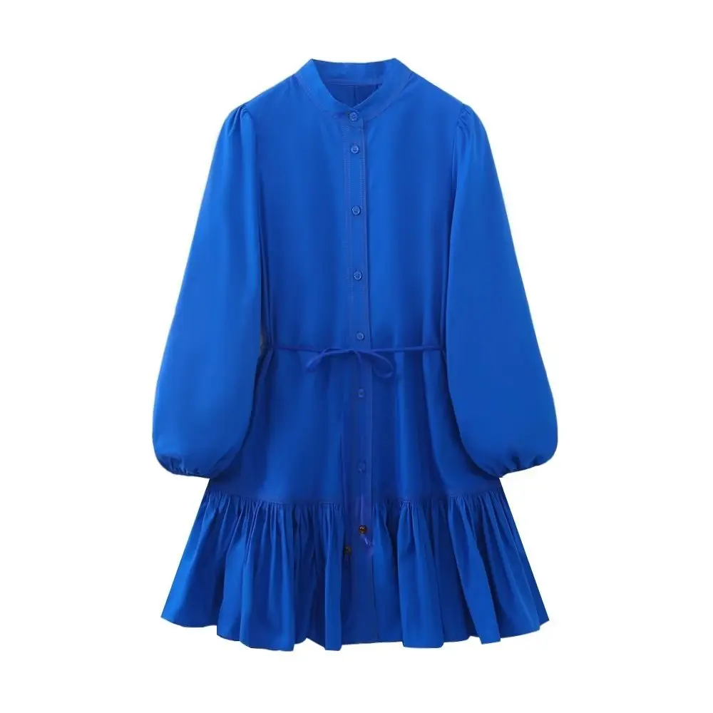 

TRAF New Women Fashion Stand Collar Lantern Sleeve Casual Belt Mini Shirt Dress Office Lady Chic Pleat Ruffles Vestidos