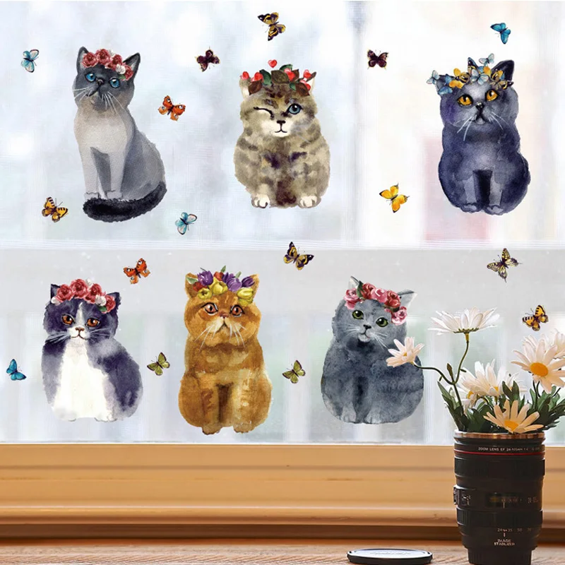 

Wall Stickers Cartoon Cat Hand-Painted Butterfly Decals Posters for Home Room Decoration Removable Waterproof Wallpapers