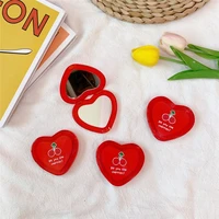 1 pc red cherry pattern heart shaped mirror double sided folding cosmetic mirror magnifying mirror portable pocket women gifts