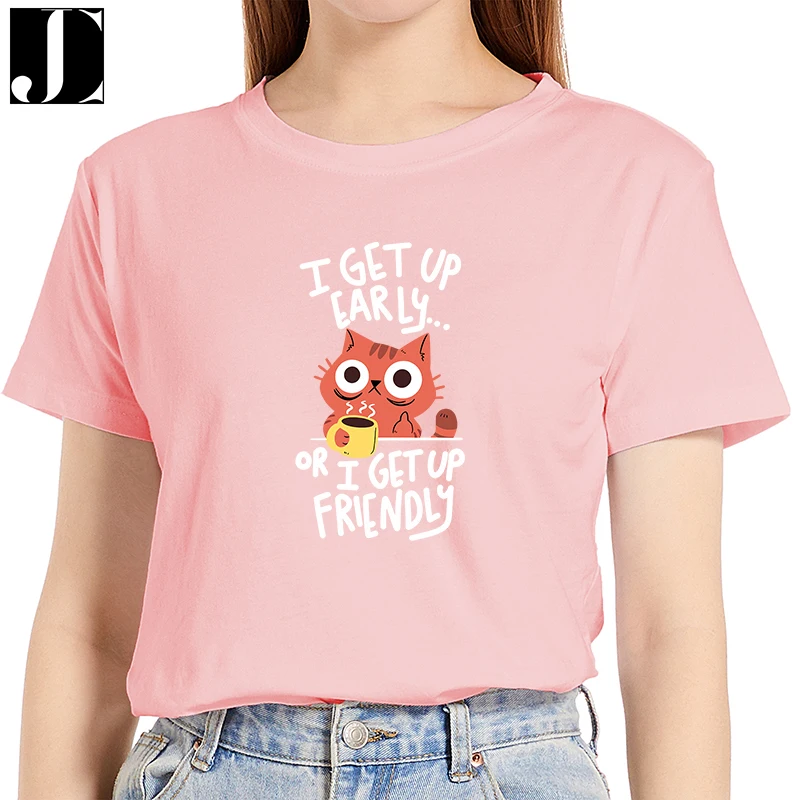

Casual Women Daily Regular Short Sleeve Summer Female Fashion 100% Cotton T-shirt Cat Letter Print Ladies Funny O-Neck Tees Tops