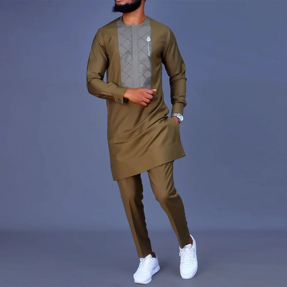 New African Men's Sets Ankara Embroidery Kaftan Summer Set Man All Occassion Plaid Shirt And Sweatpants Male 2 Piece Set African