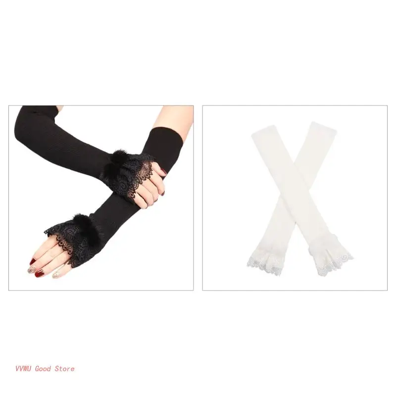 

Knitted Typing Gloves Long Sleeve Arm Cover Women Half Finger Gloves Warm Mittens with Floral Lace Brim Cuffs Design