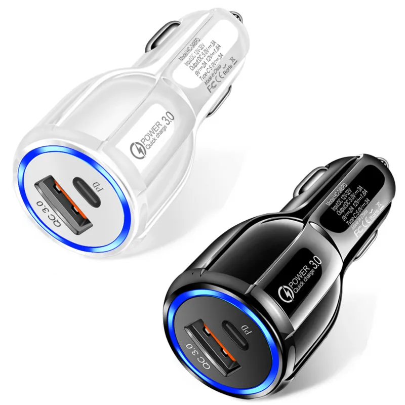 

500pcs PD USB Car Charger Quick Charge 3.0 Dual Ports USB Type C Fast Charging Car Adapter For iPhone Samsung Xiaomi Car Charger