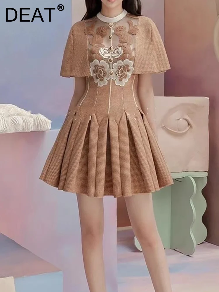 

DEAT Women's Fashion Dress O-neck Short Sleeve Patchwork Flower Pleated Gauze Female Evening Dresses Summer 2023 New 13DB2489