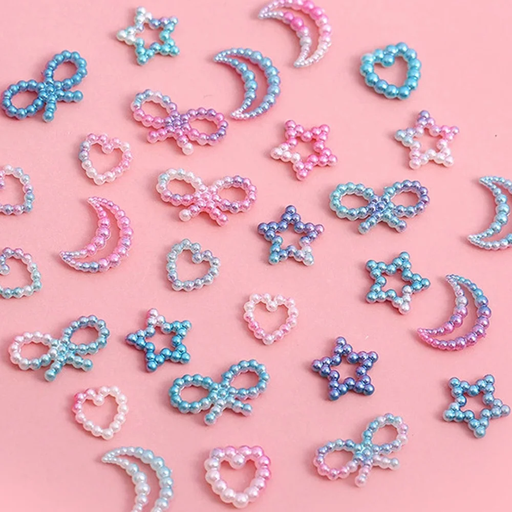 

100Pcs Pearl Hollow Nail Charms 3D Heart Bow Moon Star Shape Jewelry Rhinestones Accessories Colorful Manicure Decorations 2022