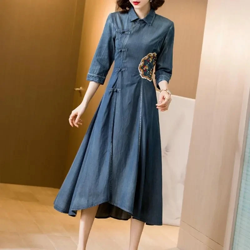 

Женское джинсовое платье с вышивкой, новое модное облегающее платье-трапеция в китайском этническом стиле с карманами, весна-лето 2023