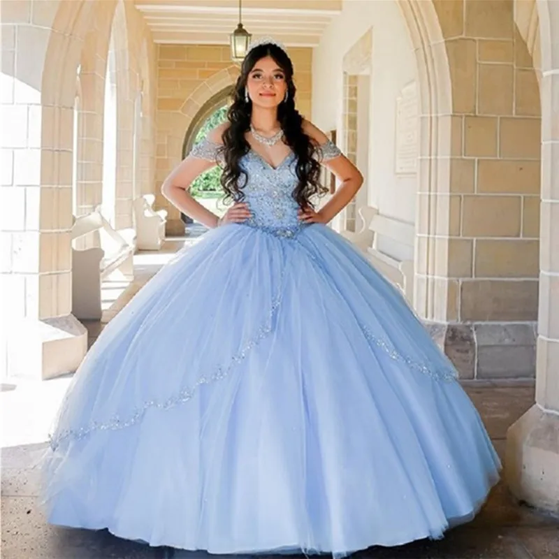 

Light Blue Princess Quinceanera Dresses Off Shoulder Lace Appliques Ball Gown Sweet 16 Dresses vestidos de 15 años Custom Made