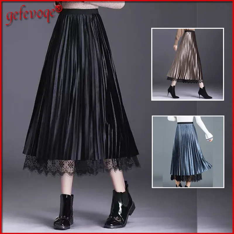 

2022 Autumn Winter Women Korean Fashion Vintage Lace Long Tulle Skirts Office Lady High Waist Polka Dots Mesh Pleated Midi Skirt