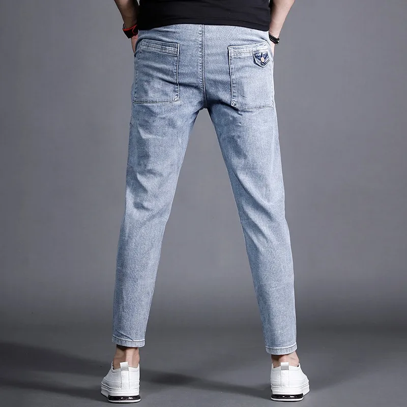 Summer Jeans Men Light Blue Elastic Waist Pants Streetwear Fashion Patchwork Drawstring Denim Trousers