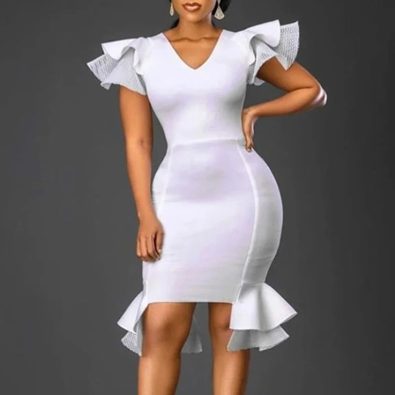 

2022 Women Fashion Dress Solid Color Short Ruffle Sleeve V-neck Pullover Mesh Patchwork Western Style Elegant Lady A-line Dress