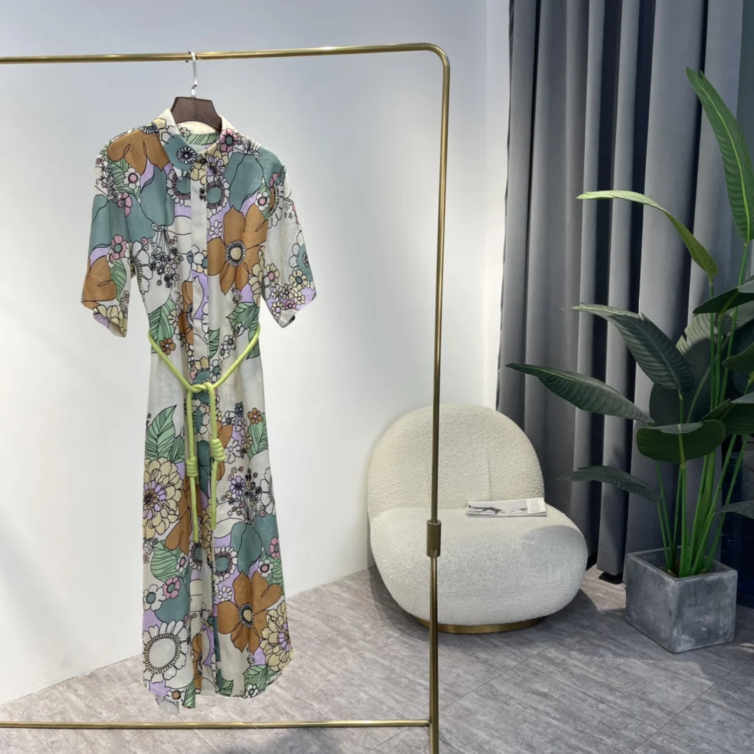 

Loose Clothing 2022 Summer New Top Quality Linen Cartoon Flowers Print A-line Midi Woman Shirts Dress With Fabric Belt