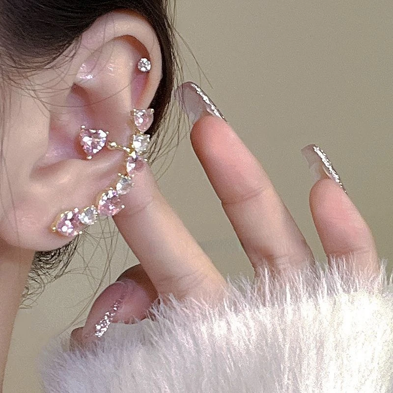 

New Pink Love Zircon Earrings Ear Bone Clip Integrated Asymmetric Earrings Female Sweet Temperament Earrings Jewelry