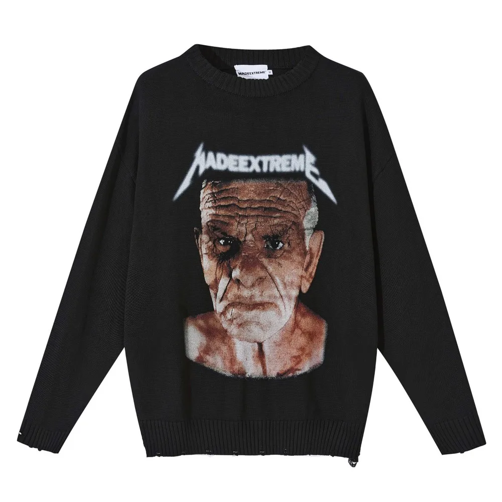 

Frayed Portrait Printed Oversized Sweater Women Knitted Winter 2022 Fashion Gothic Clothes Goth y2k Grunge Pulls Top Streetwear