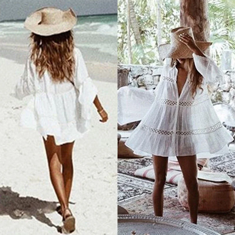 

Белое трикотажное платье-накидка бикини, Женская пикантная пляжная туника с вырезами, летний купальный костюм, пляжная одежда 2022