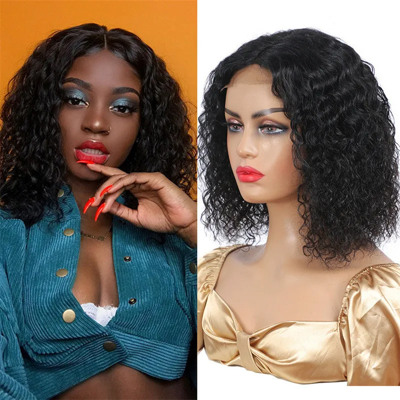 

14Inches Deep Curly Lace Front Short Bob Wigs For Black Women Synthetic Brazilian Wig With Middle Glueless Natural Black Color H