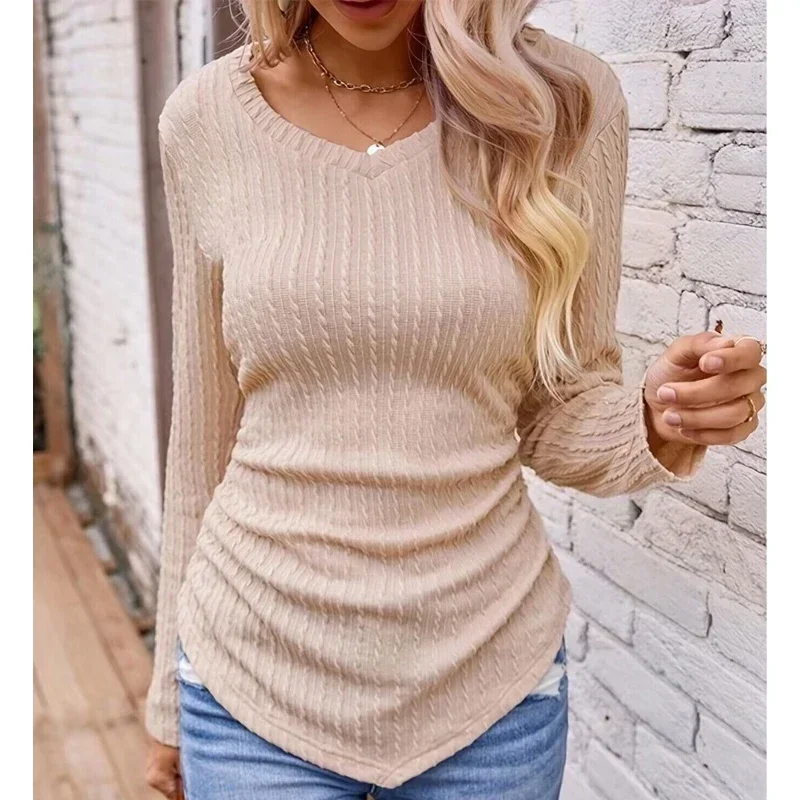 

New Autumn Winter Bottoming T-shirts for Women Long Sleeve Irregular V-Neck Solid Color Knit Tops Slim Fit Tees Clothes 30149