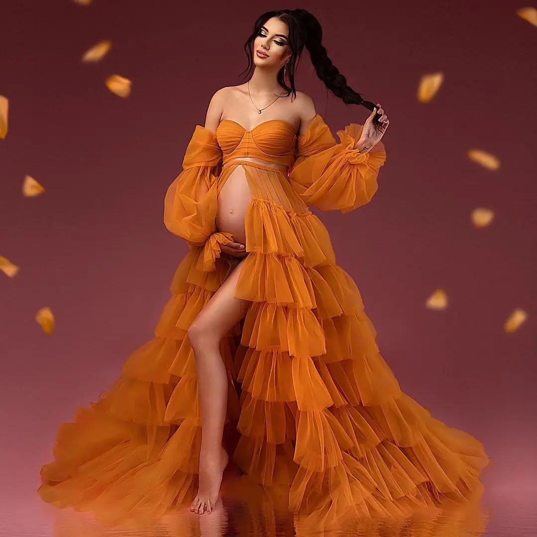 

Off Shoulder Premium Soft Tulle Orange Tulle Robes for Pregnant Women Photoshoot Dress Maternity Dresses for Party Open Front