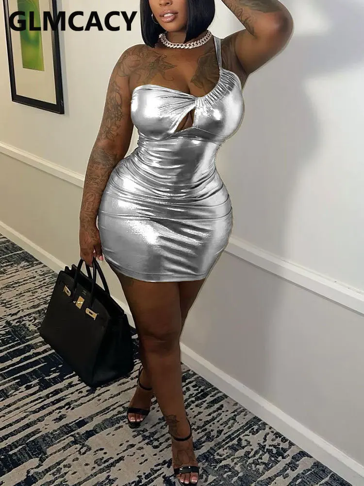 

Women One Shoulder Strap Metallic Mini Dress Sexy Party Club Dress