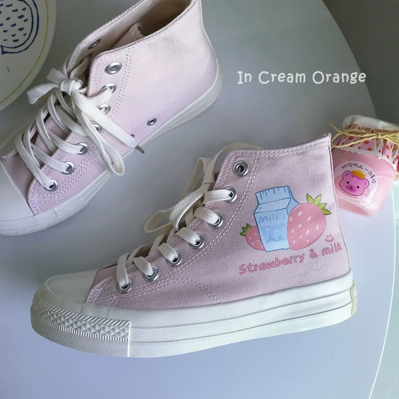 SHANPA Kawaii Strawberry Milk Print Shoes for Women Korean Fashion Student Winter High Top Canvas Casual Shoes Zapatillas Mujer