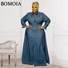 Женское джинсовое платье макси с отворотом, длинным рукавом и пуговицами