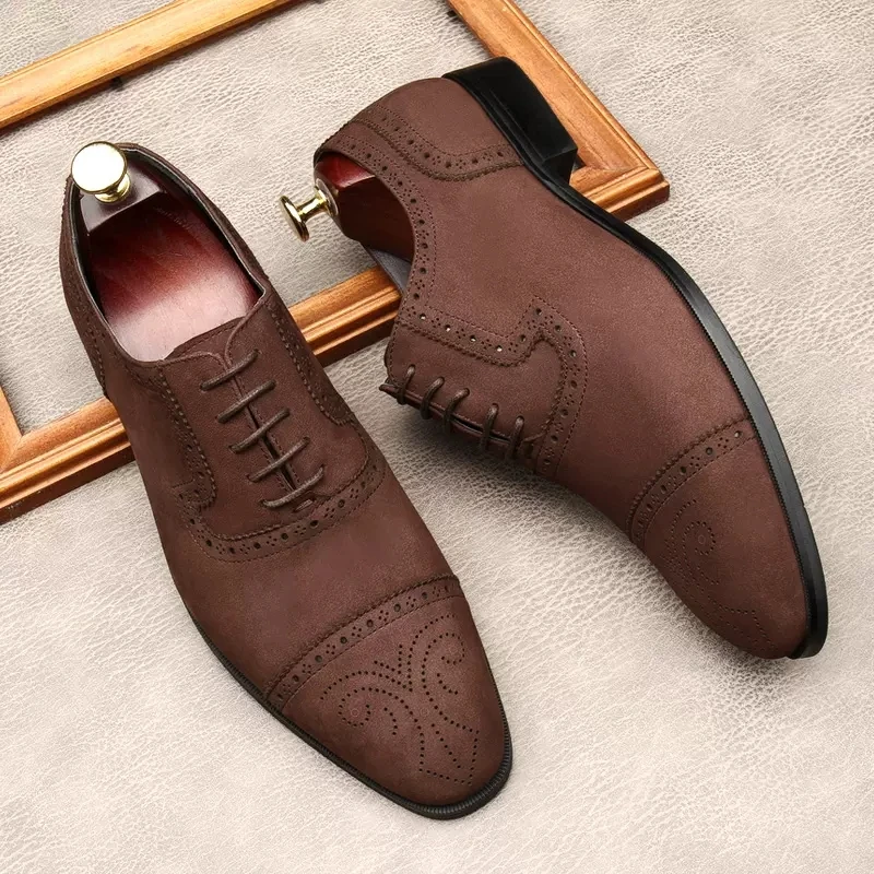 

Genuine Leather Men Dress Shoes Office Business Wedding Black Brown Cap Toe Formal Brogue Pointed Toe Suede Oxfords Mens Shoes