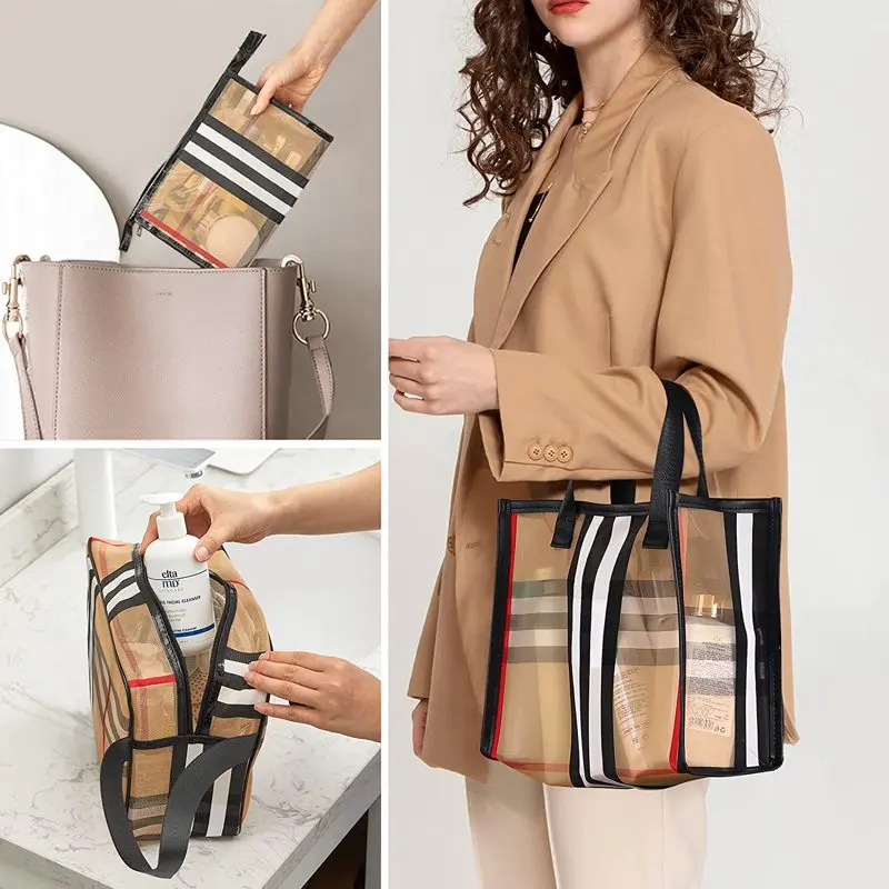 3 Pack Makeup Bag, Travel Cosmetic Bag with Zipper Handle Waterproof Striped Transparent Toiletry Bag Portable Organizer Cases S