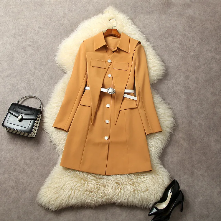 

Женская одежда в европейском и американском стиле, Новинка осени 2023, однобортное модное оранжевое платье с длинными рукавами, отложным воротником и поясом