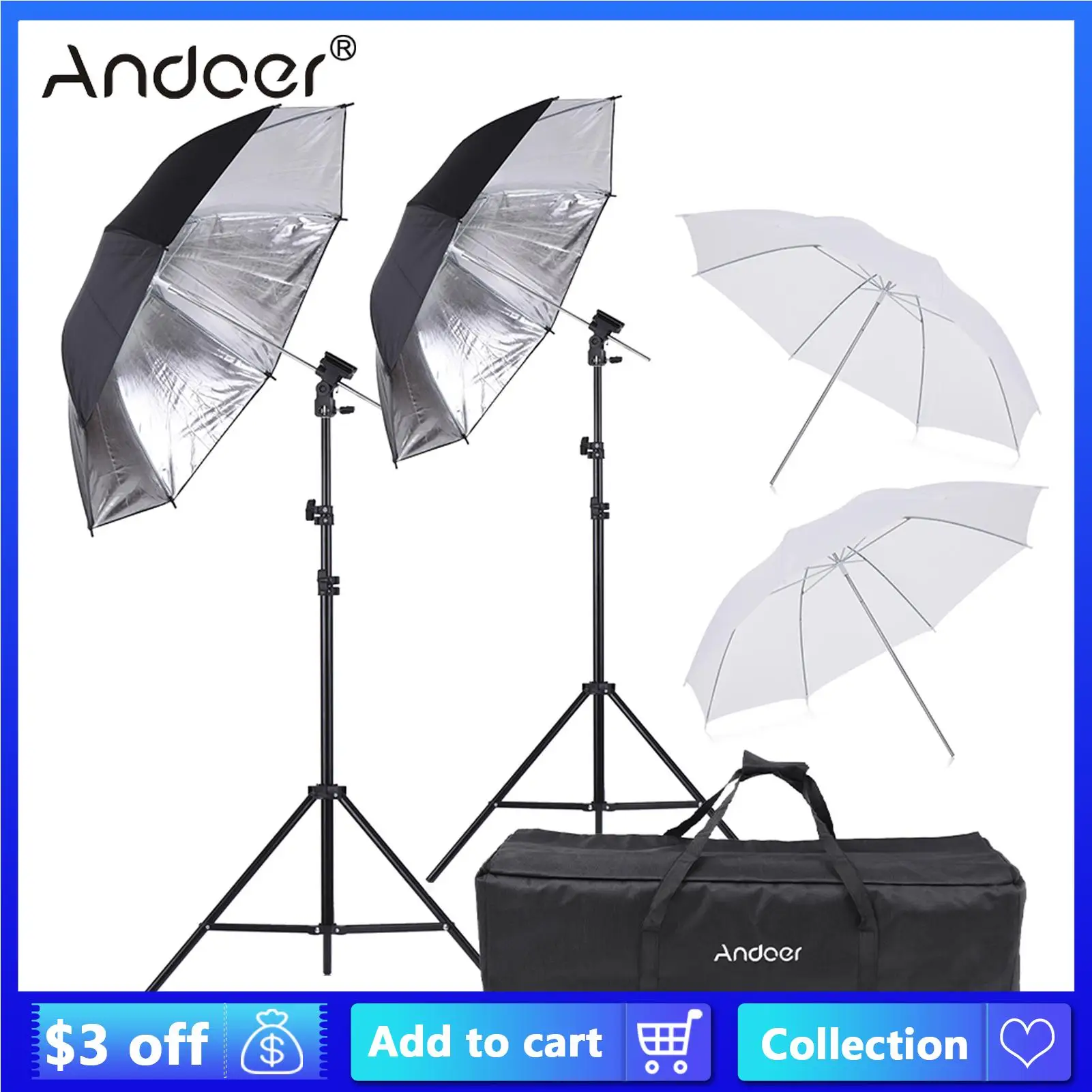 

Andoer набор мягких зонтиков с креплением для вспышки 2*2 м оссветильник ительная стойка + 4 * белый мягкий зонтик + 2 * кронштейны для вспышки Speedlite...