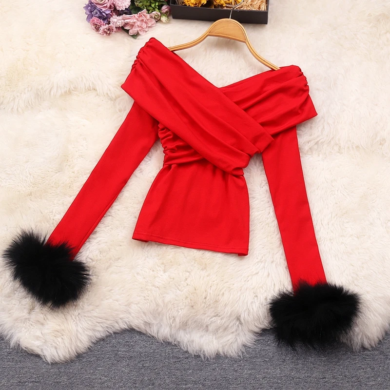 

Cross V-neck Furry Sleeve Top 2023 Spring New Real Shot Sexy Socialite Style Versatile Trendy Shirt