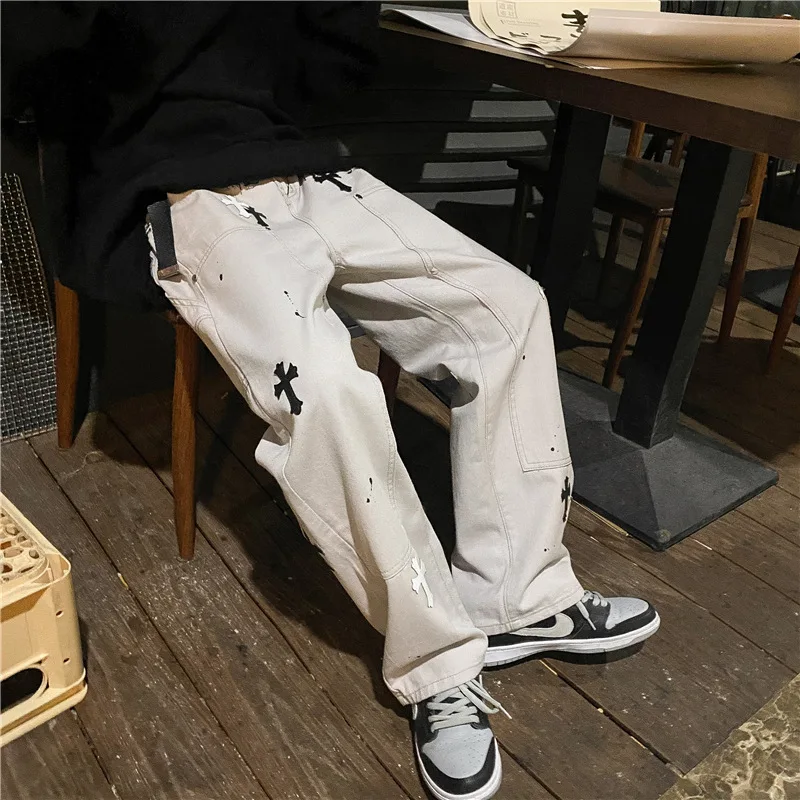 Four Seasons Men's Jeans Harajuku High Street Fork Print Straight Loose Wide Leg Casual Pants Fashion Street Men's Ins Hot Sale