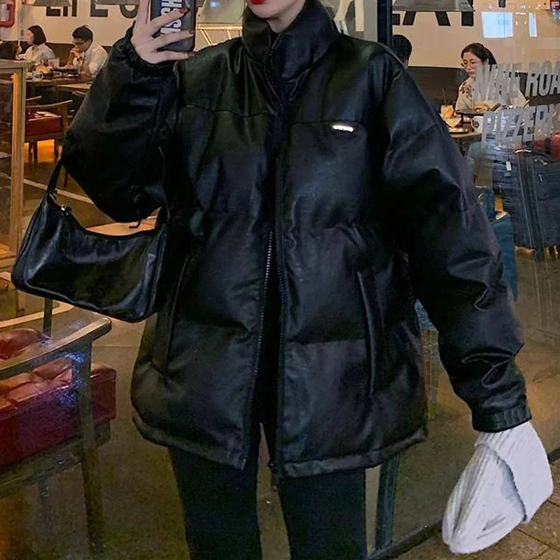 Women Puffer Parkas Solid Black Bright Color Thick Korean Winter Faux Leather Jacket Fall Loose Coats Female Matte Outerwear Ins