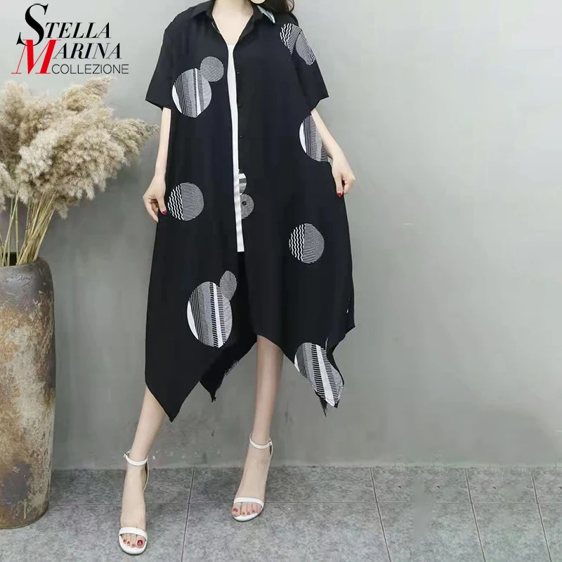 

Новая женская летняя повседневная одежда с коротким рукавом асимметричное платье-рубашка черное, белое, красное платье уникального размер...