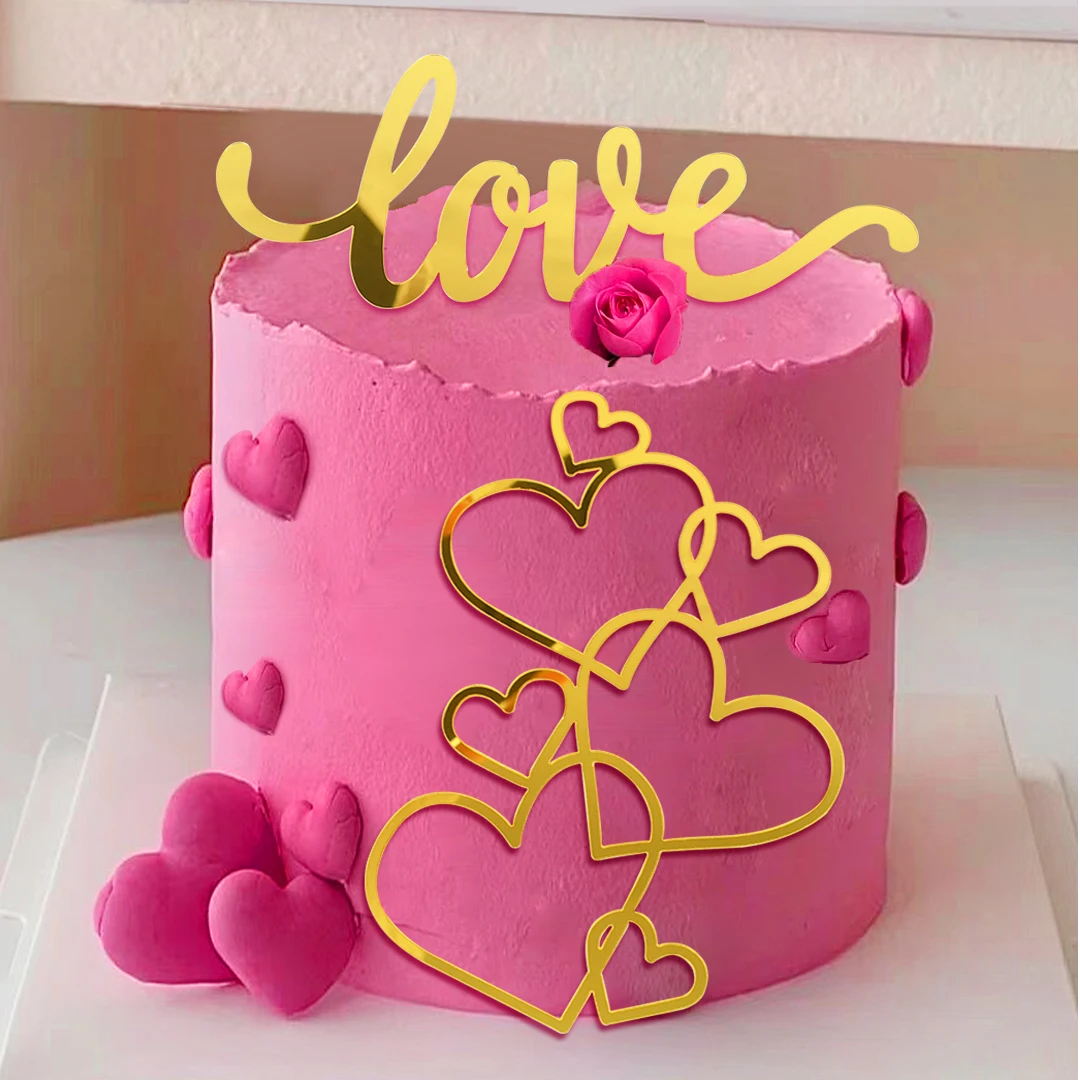 

Gold Acrylic Love Hearts Cake Topper Valentines Day Cakes Decoration Birthday Wedding Party Dessert Baking Diy Decor Accessories