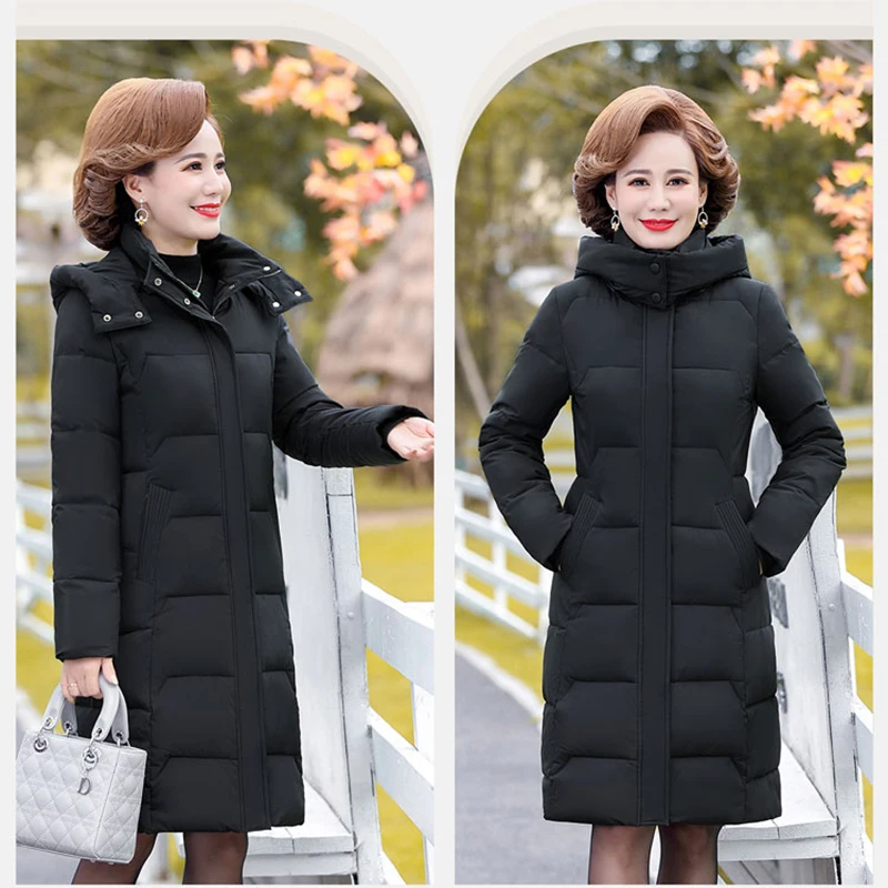 Middle-aged elderly mid-length over-the-knee cotton coat women's 2022 new down cotton coat mother clothing winter hooded clothes