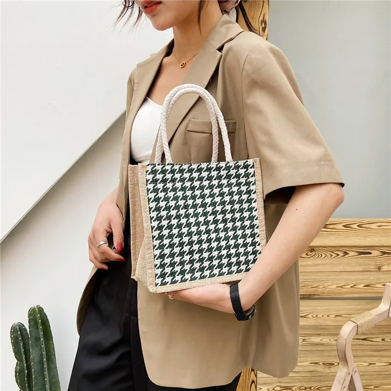 

Portable Canvas Lunch Fruit Zipper Bag Tote Simple Lattice Waterproof Food Picnic Travel Convenient Lunch Box Bags For Women