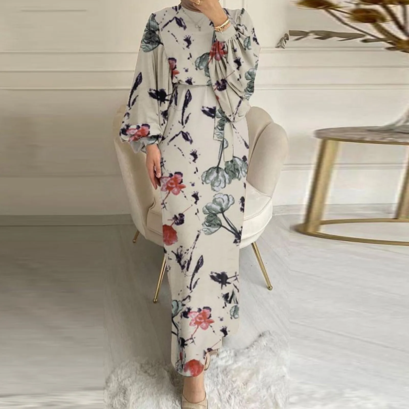 

Autumn Spring Floral Printed Muslim Women Dress Fashion Holiday Elegant Abaya Kaftan Tunic Maxi Sundress Long Sleeve O-Neck Robe