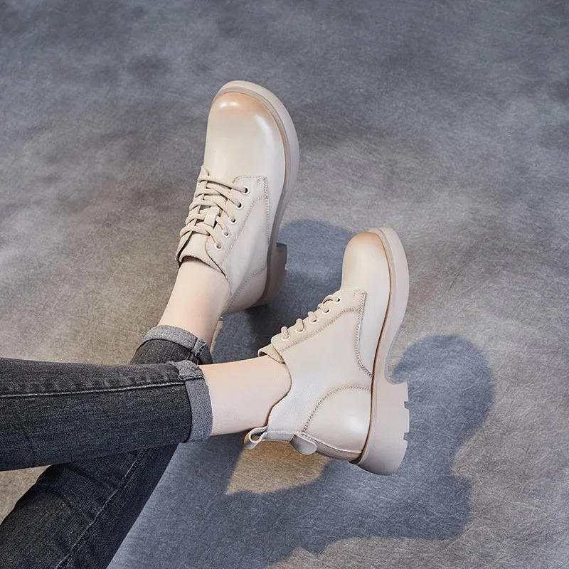 Genuine leather British Martin boots Women's V-neck lace up small boots Spring and autumn lace up and ankle thin boots Women's b