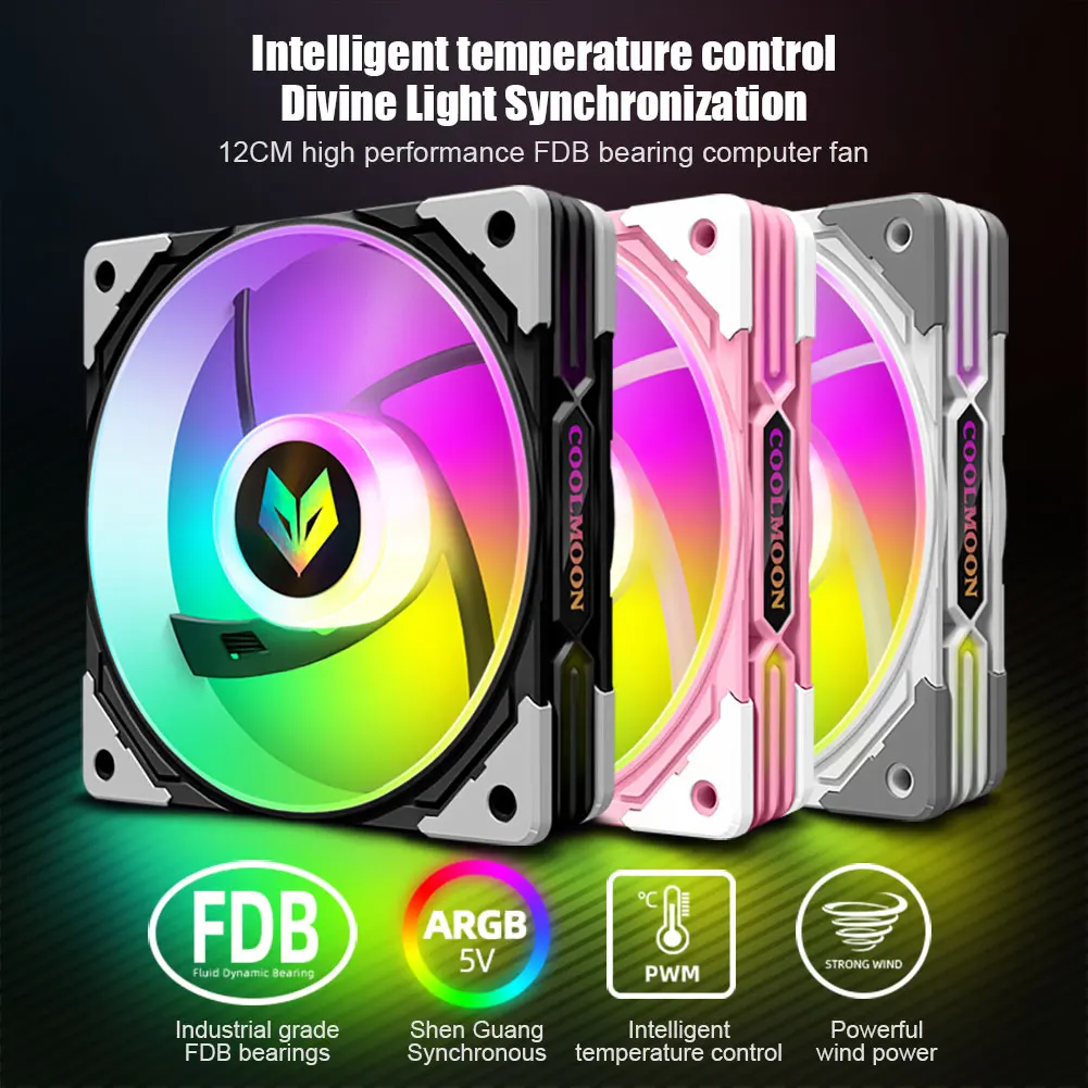 

COOLMOON AS1 CPU Cooler 5V 3 Pin ARGB PC Quiet Ventilador FDB Bearing Temperature-controlled 120mm PWM Cooling Fan for Intel LGA