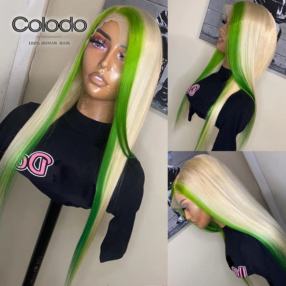 

COLODO Highlight Green Transparent 13x4 Lace Front Wig Straight Brazilian Remy Human Hair Glueless Wigs for Women Pre Plucked