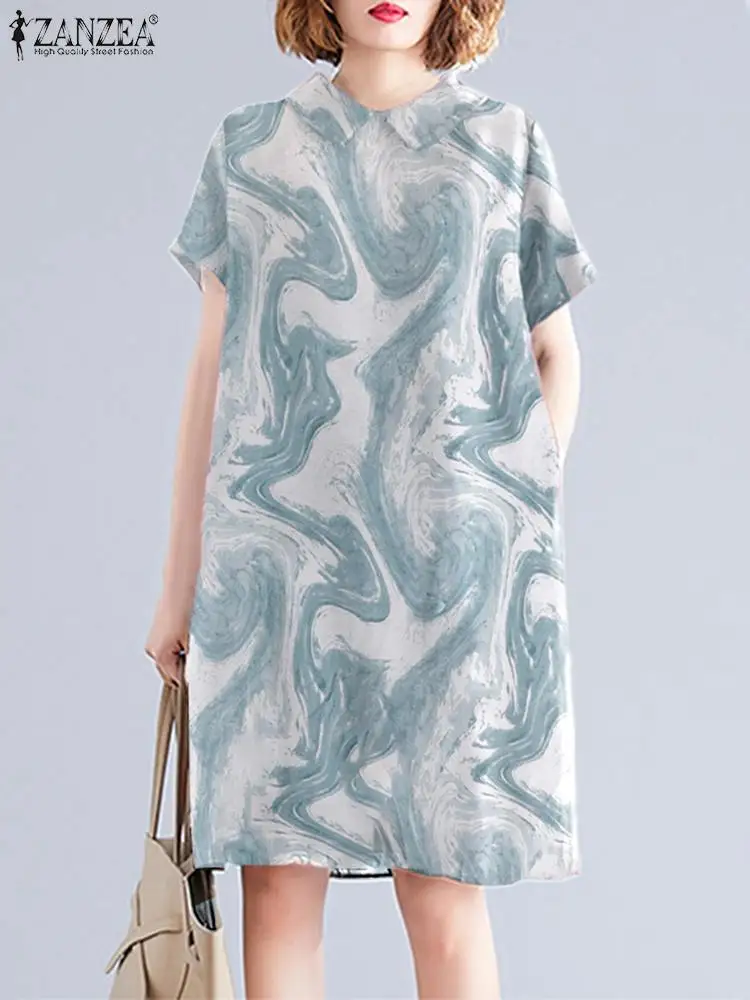

Платье ZANZEA женское с коротким рукавом, винтажное свободное платье до колена, с круглым вырезом, длинный Повседневный Сарафан с принтом, лето...