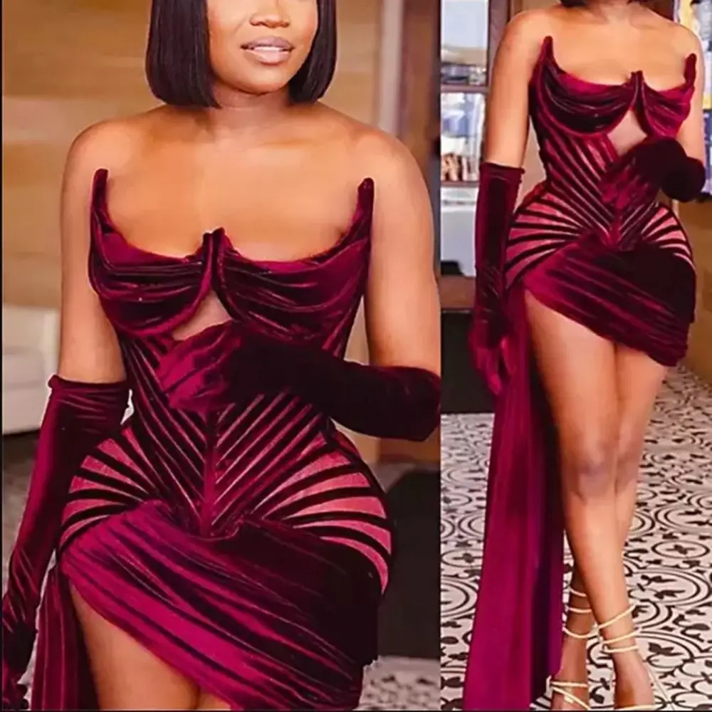 

2022 Sexy Plum Fancy Black Girl Birthday Mini/Short Velvet Formal Prom Dress/Bridal Wedding Party Gowns Gloves Free Shipping