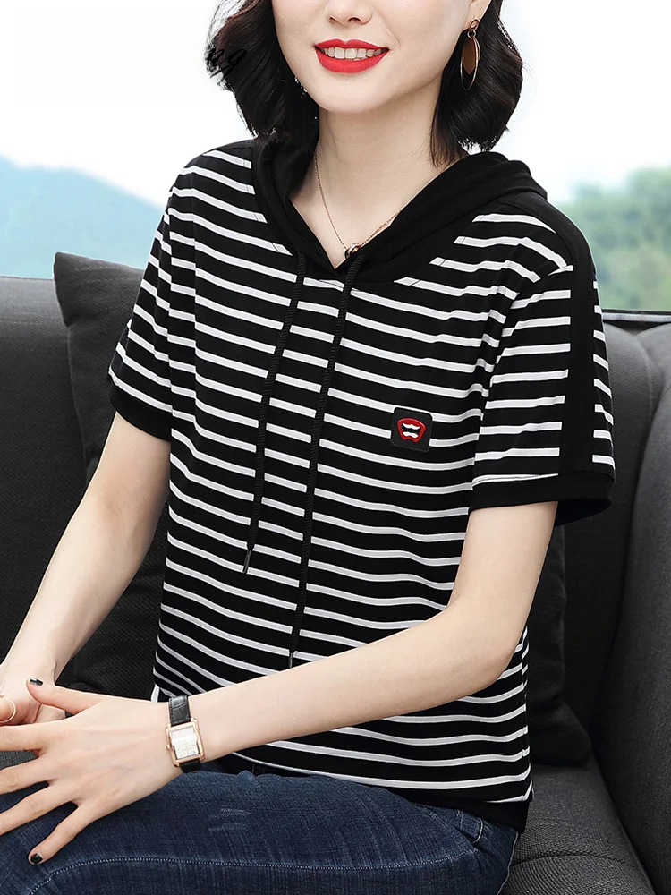 Футболка с капюшоном и коротким рукавом Женский Топ из чистого хлопка в полоску