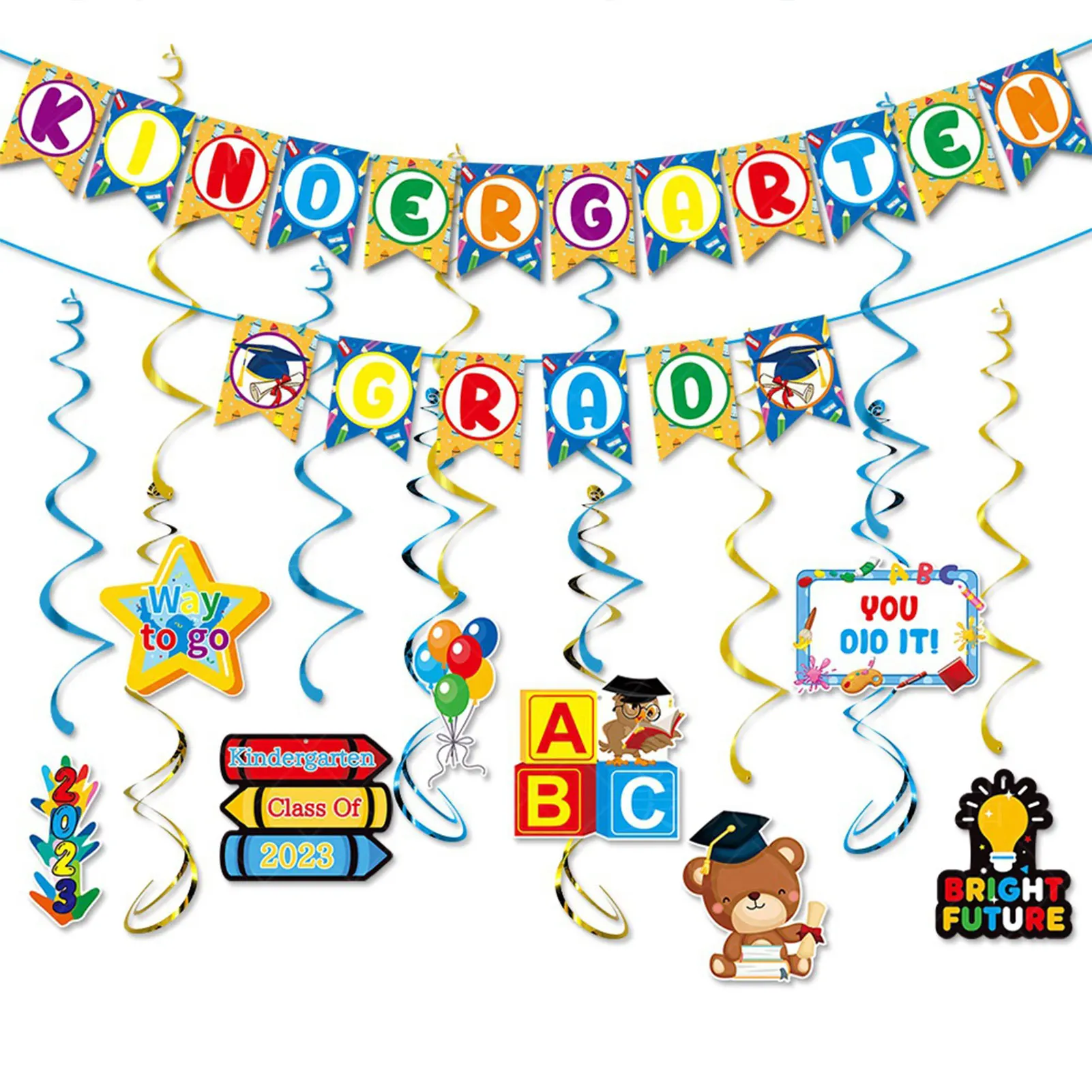 

Colorful Kids Graduation Banner Cute Element Kids Grad Party Banner for Nursery School Kindergarten