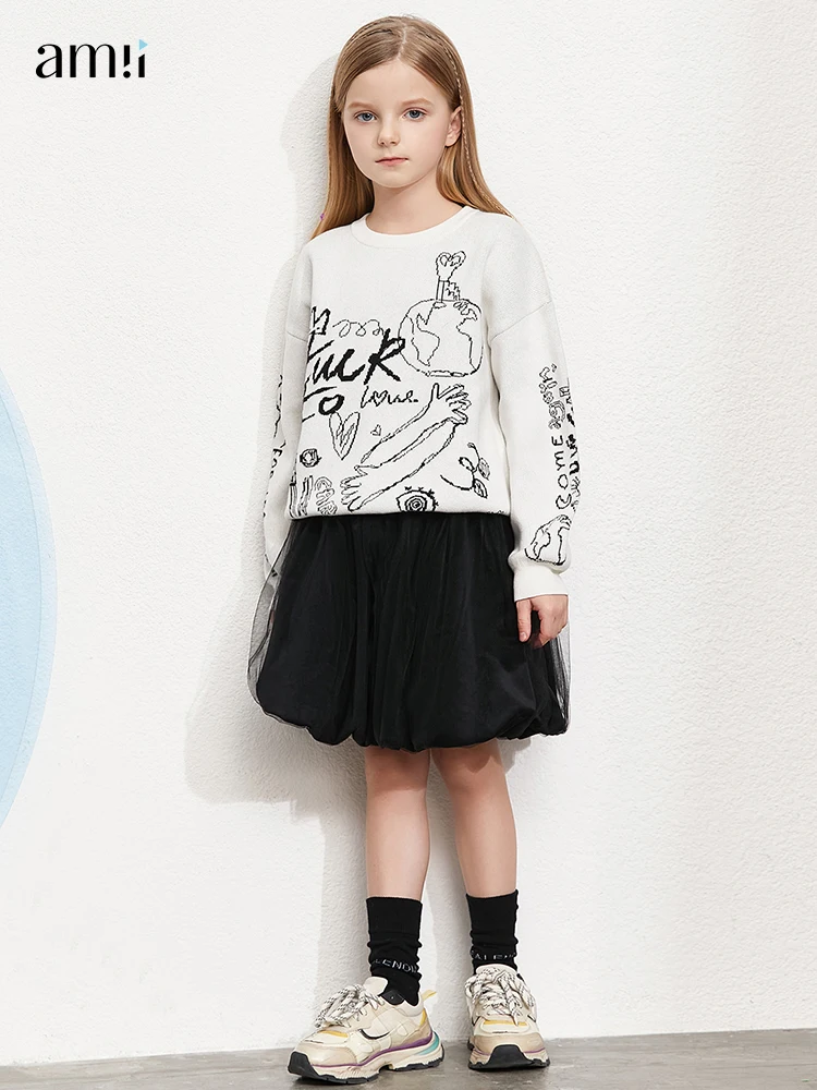 Amii Kids 2 PCS Set Sweater + Skirt for Girls Spring Autumn Long Sleeve Fashion Printed Sweater Children Mesh Skirt Set 22140220