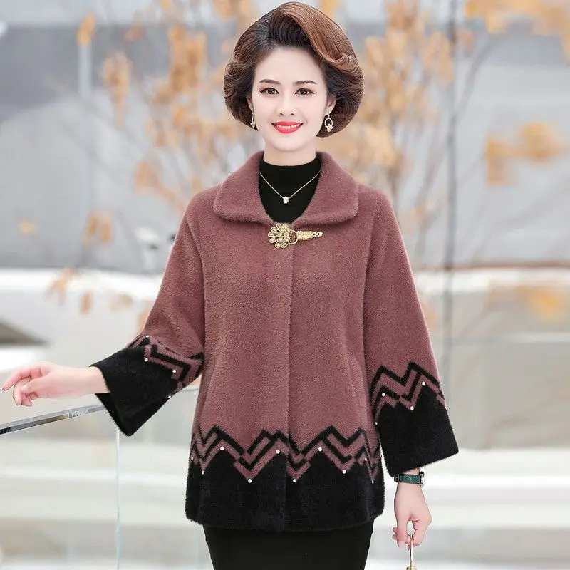 

Square Collar Old Lady Regular Print Knit Sweater Cardigan Middle-aged Mother Long-sleeved Buttons Sweater Coat Autumn T50
