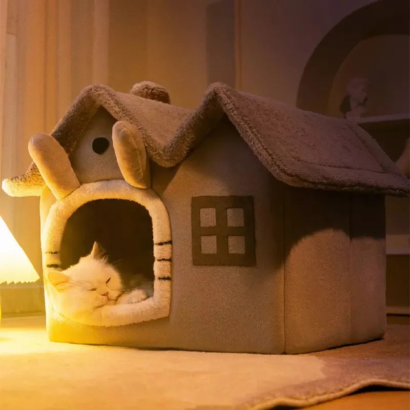 

Cat Dog House with Cushion for Cat Puppy Deep Sleep Enclosed Winter Warm Kitten Bed Soft Sofa Removable Washable Pet Supplies
