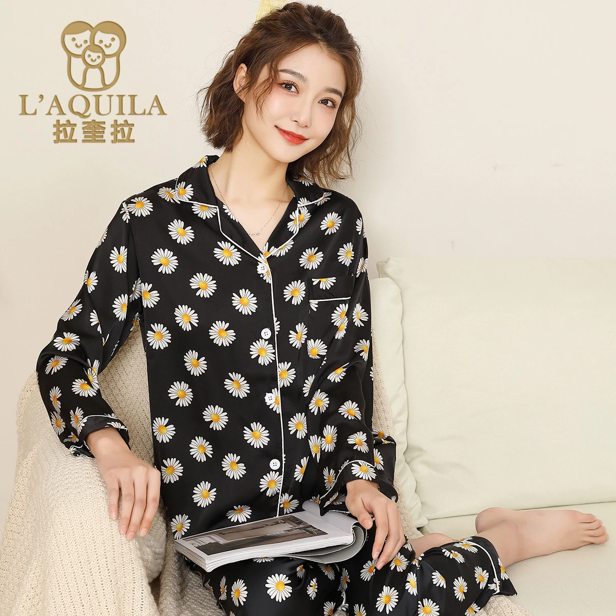 

L’AQUILA 2023 Early Spring New Women's Home Clothes White Daisy Print Black Sleepwear Long-Sleeve Casual Pajamas For Sleep
