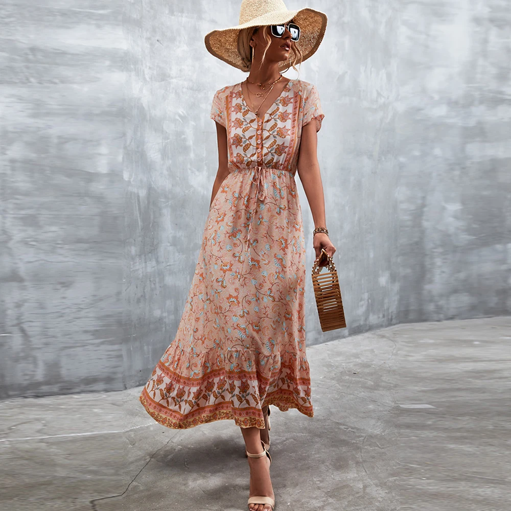 

Ladies Vintage Floral Print Women Maxi Dress Casual V Neck Button Lace Up Ruffle Boho Beach Party Sundress Summer Femme Vestidos