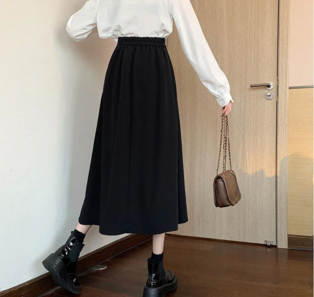 Elegant Chiffon Black Skirt Long Skirt 2023 Summer Spring Solid Color Pleated Skirt for Women High Waist Elastic A-line Skirt images - 6